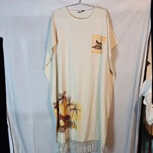 Beige Linen Kaftan with Zebra Print and Fringe